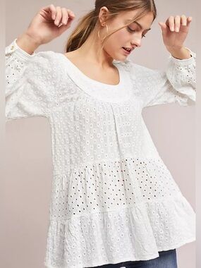 Anthropologie Meadow Rue Eyelet Cottagecore Peasant Tunic Top Womens M White